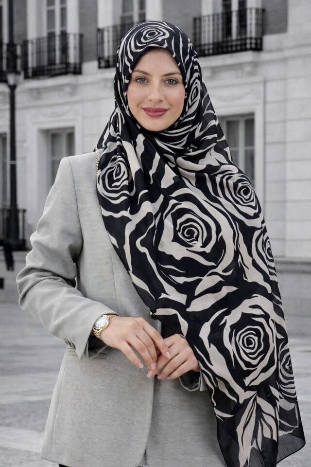 Sanatsal Gül Motifli Desenli Şal
