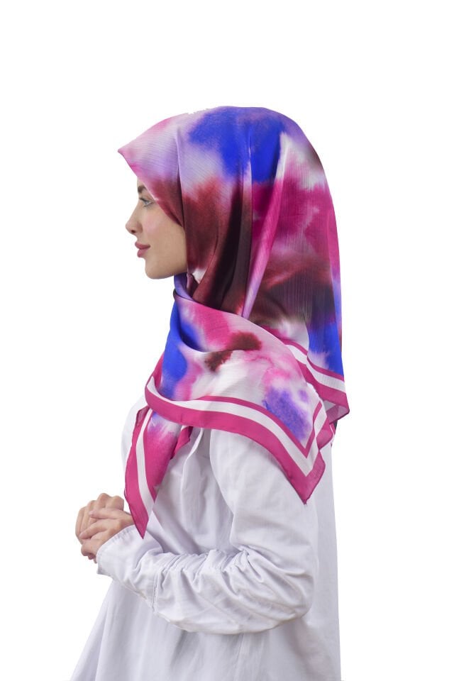 Sanatsal Desenli Fuşya Bordürlü Eşarp