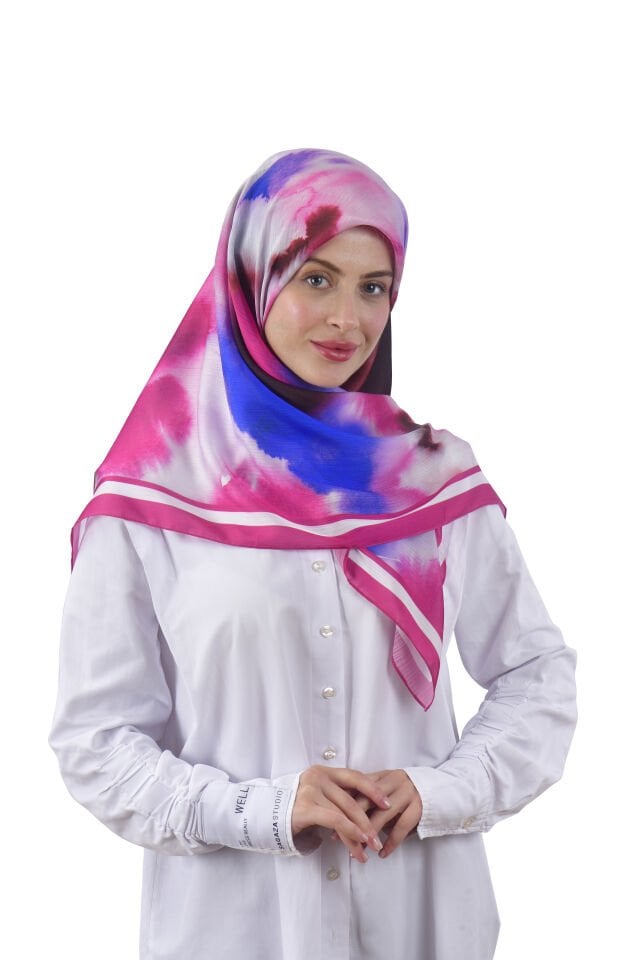 Sanatsal Desenli Fuşya Bordürlü Eşarp