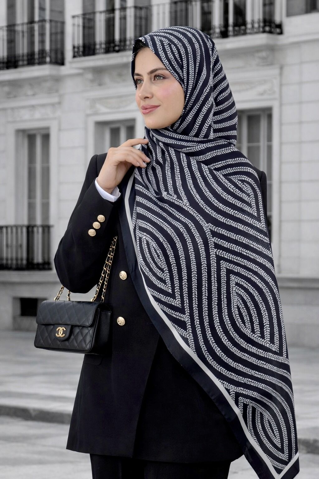 Zarif Siyah Geometrik Desen Şal