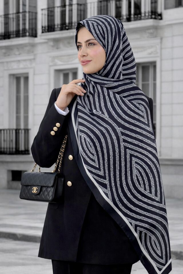 Zarif Siyah Geometrik Desen Şal