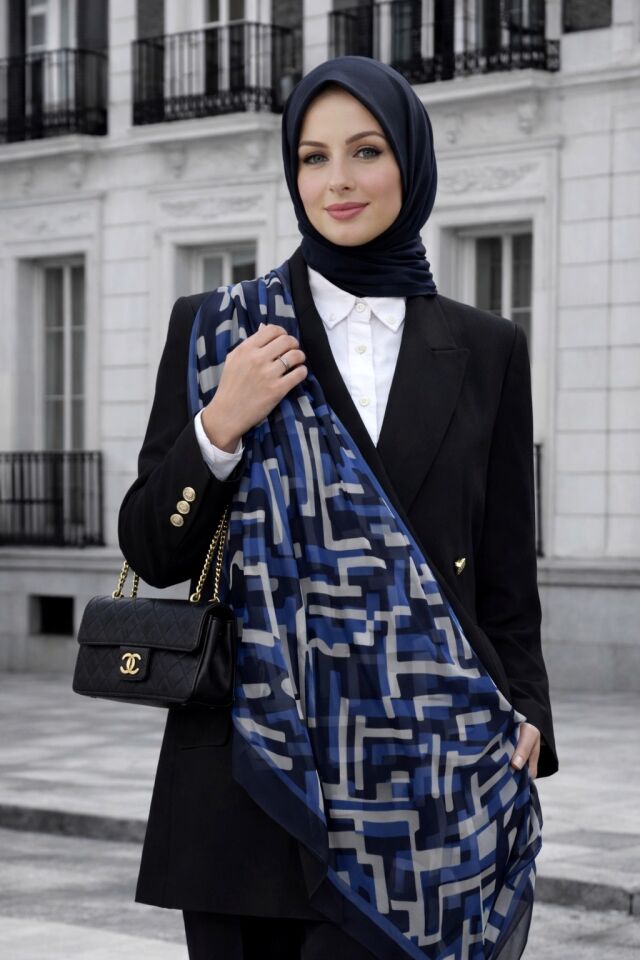 Soyut Çizgi Desenli Soft Şal