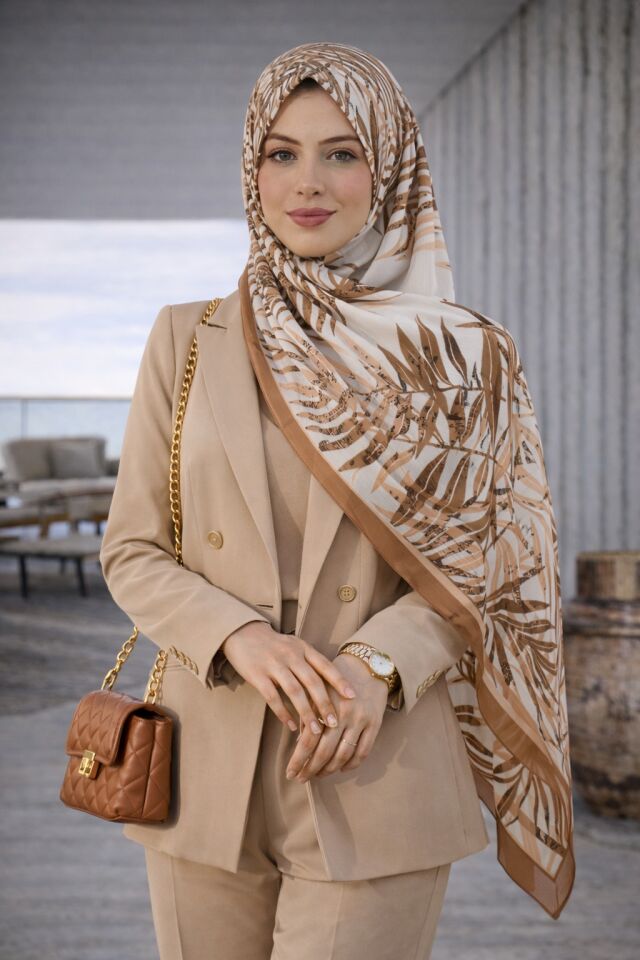 Doğal Tonlarda Yaprak Desenli Şal