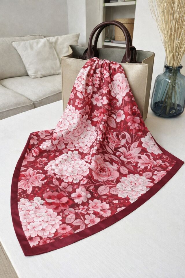 Kırmızı Çiçek Desenli Soft Vual Şal