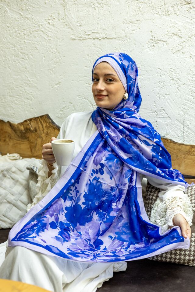 Safir Mavi Çiçek Buketi Soft Şal