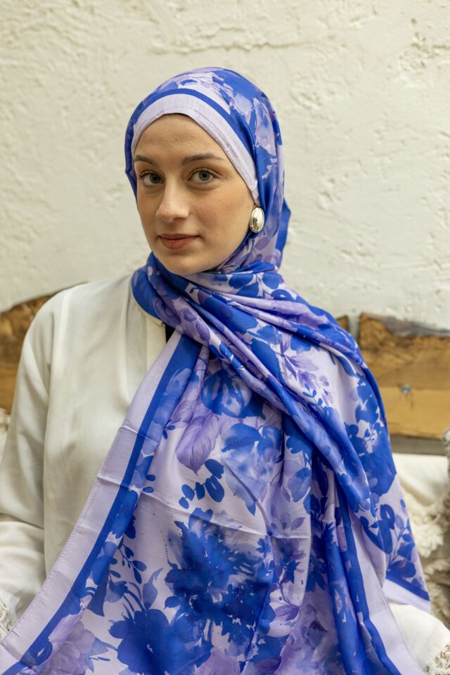 Safir Mavi Çiçek Buketi Soft Şal