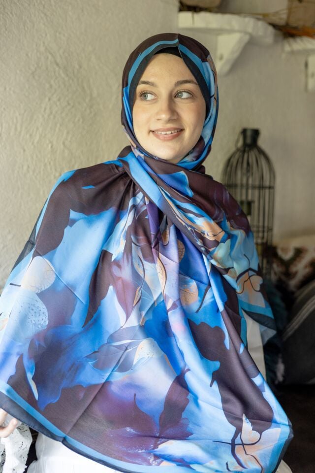 Mavi Mor Çiçek Desenli Soft Şal