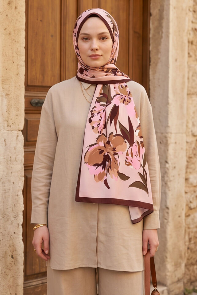 Çiçek Desenli Şıklık: Pembe & Kahve Soft Şal