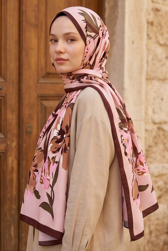 Çiçek Desenli Şıklık: Pembe & Kahve Soft Şal
