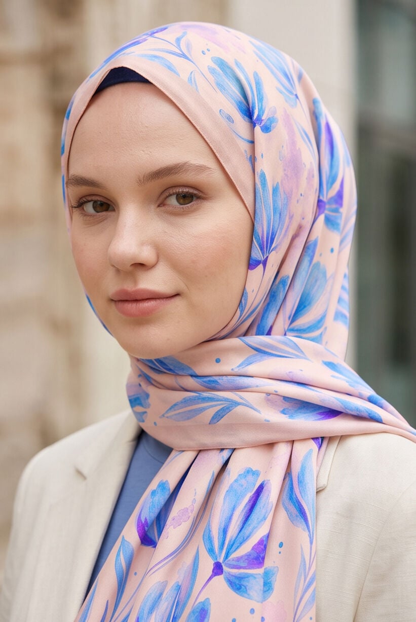 Soft Zarafet: Pudra Pembe & Mavi Çiçekli Şal