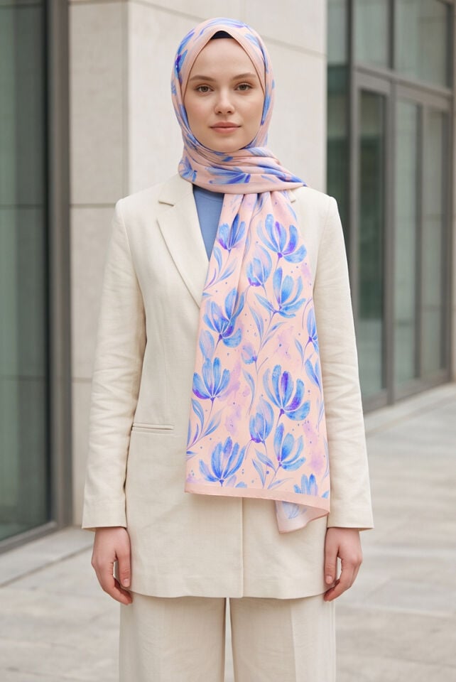 Soft Zarafet: Pudra Pembe & Mavi Çiçekli Şal