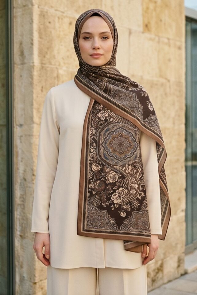 Kahve Paisley Desenli Şal